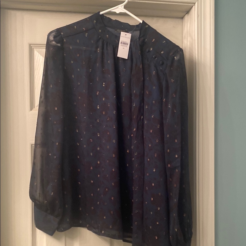 Ann Taylor Navy Blouse with Gold Details